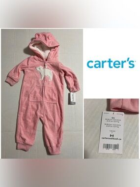 🆕CARTER’S - 6M - NWT - INFANT GIRLS PINK POLAR BEAR HOODED FLEECE COVERALL
